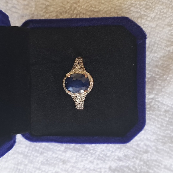 Natural Blue Sapphire & Natural White Zircon & Champagne Zircon Ring - Picture 7 of 10